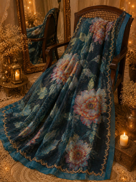 Fendi Jimmy Choo Designer Saree in Teal Blue Floral Print with Embellished Border