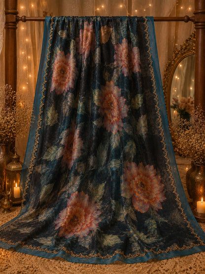 Fendi Jimmy Choo Designer Saree in Teal Blue Floral Print with Embellished Border