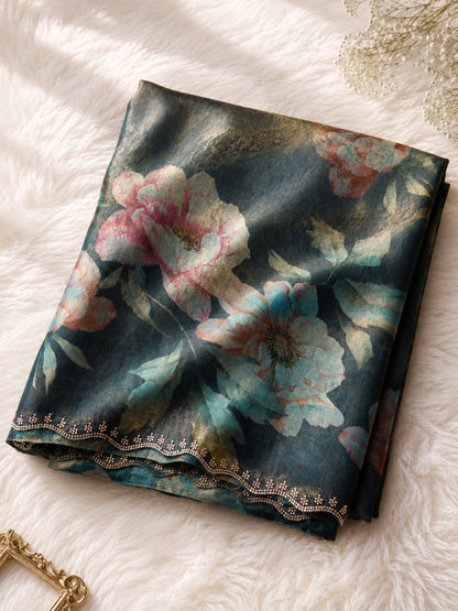 Fendi Jimmy Choo Designer Saree in Teal Blue Floral Print with Embellished Border