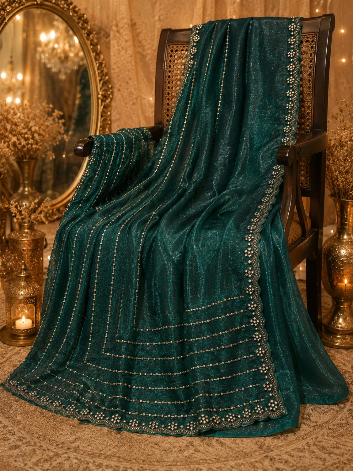 Emerald Teal Soft Zimmy Cho Silk Saree with Crystal Stripe Work & Designer Scalloped Border