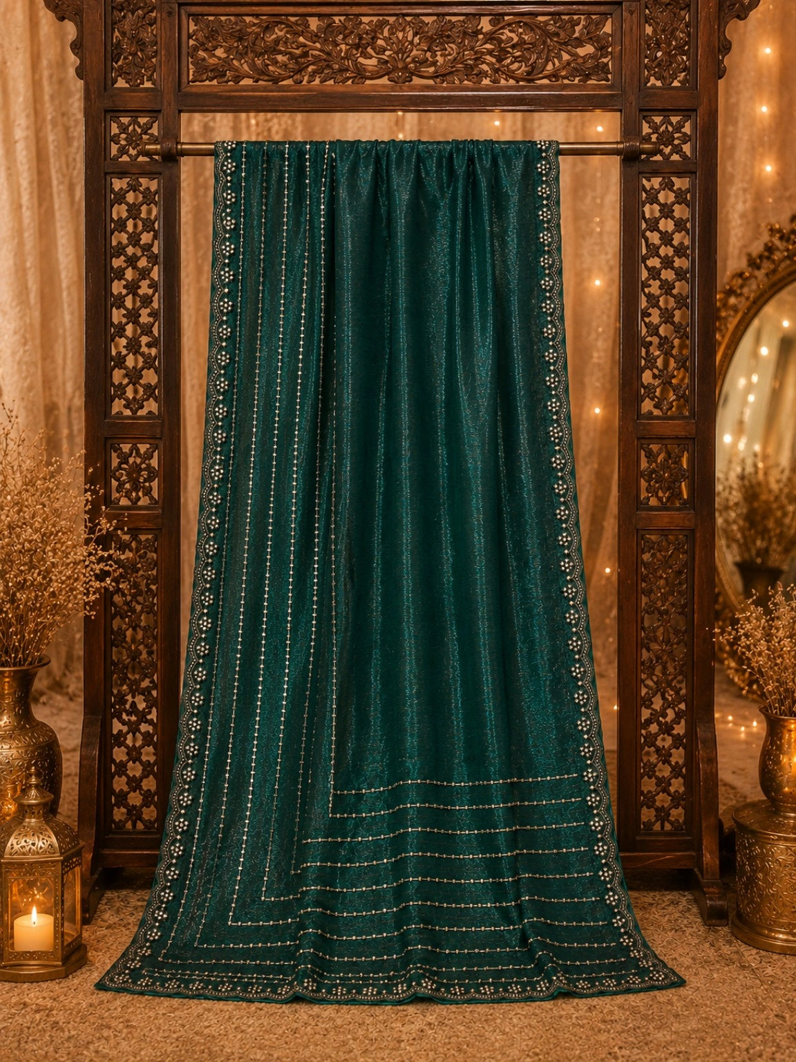 Emerald Teal Soft Zimmy Cho Silk Saree with Crystal Stripe Work & Designer Scalloped Border