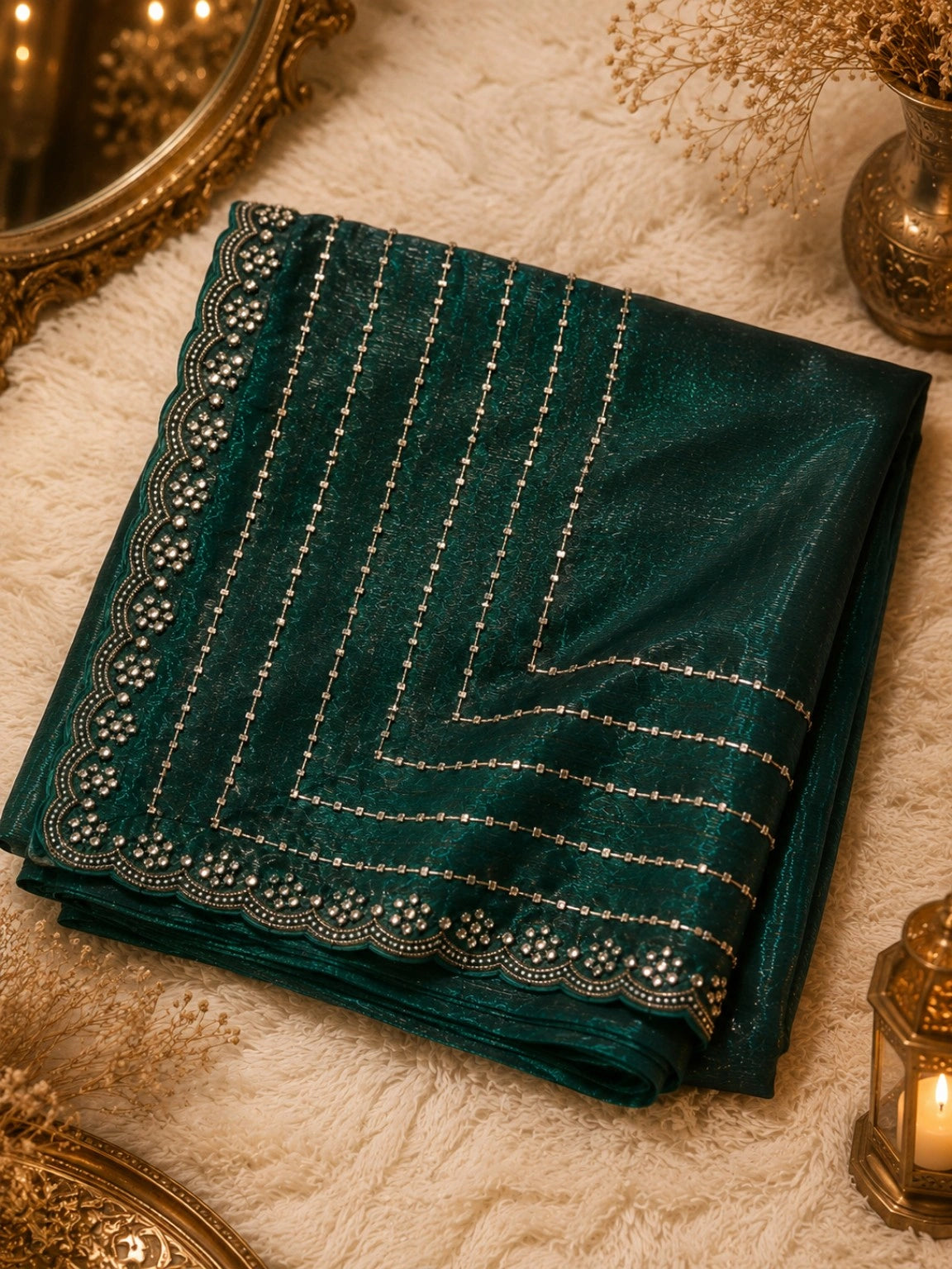 Emerald Teal Soft Zimmy Cho Silk Saree with Crystal Stripe Work & Designer Scalloped Border