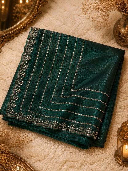 Emerald Teal Soft Zimmy Cho Silk Saree with Crystal Stripe Work & Designer Scalloped Border