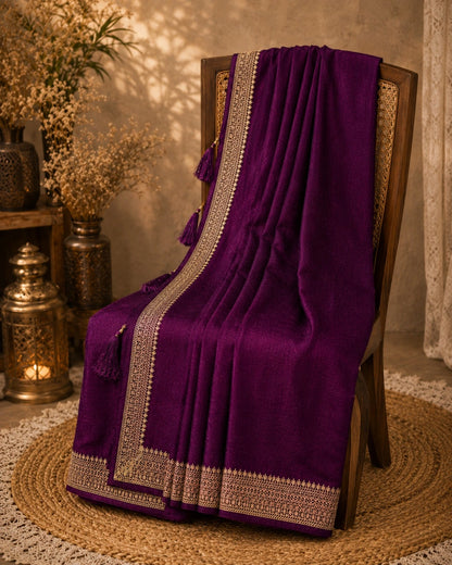 Deep Plum Soft Vichitr Silk Saree with Ornate Gold Border Party Wear Saree