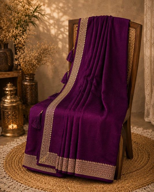 Deep Plum Soft Vichitr Silk Saree with Ornate Gold Border Party Wear Saree