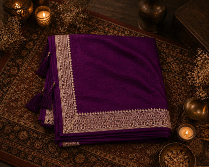 Deep Plum Soft Vichitr Silk Saree with Ornate Gold Border Party Wear Saree