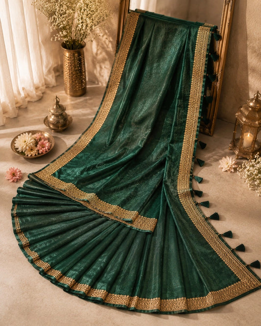 Dark Emerald Green Soft Vichitr Silk Saree with Golden Woven Border & Tassel Pallu