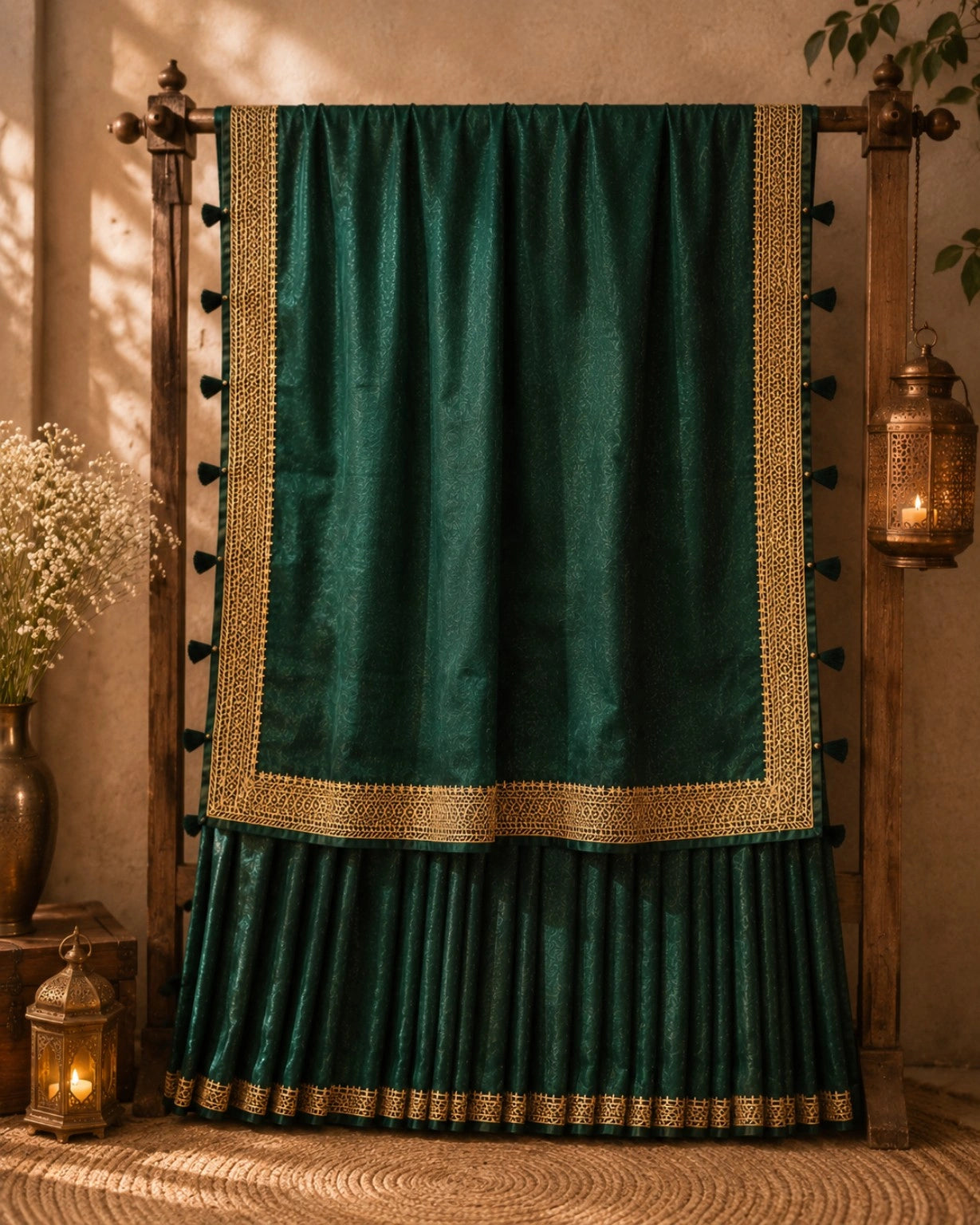 Dark Emerald Green Soft Vichitr Silk Saree with Golden Woven Border & Tassel Pallu