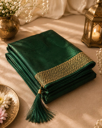 Dark Emerald Green Soft Vichitr Silk Saree with Golden Woven Border & Tassel Pallu