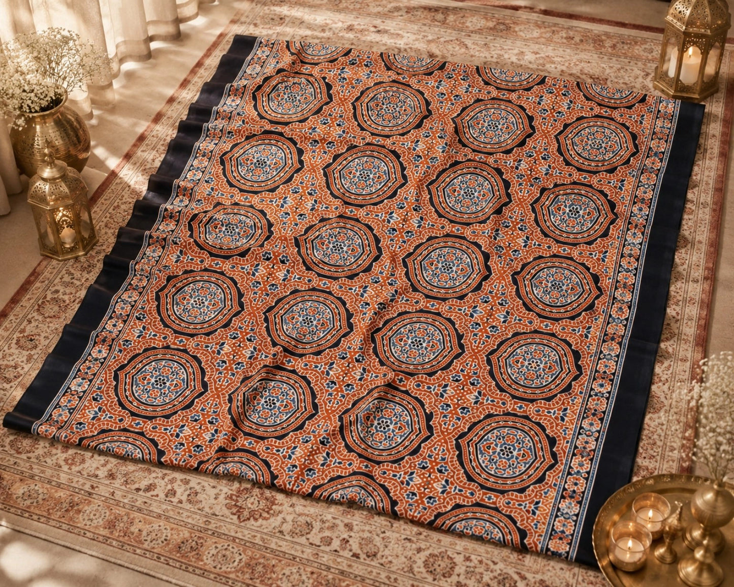 Rust Orange & Navy Blue Ajrakh Inspired Printed Silk Saree with Geometric Medallion Motifs