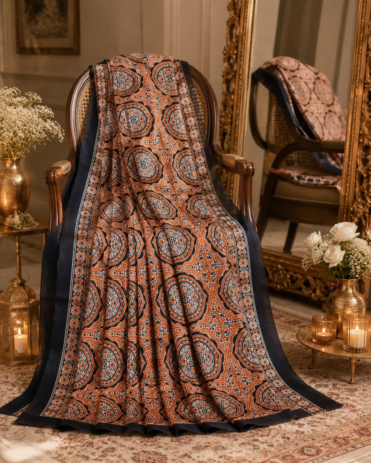 Rust Orange & Navy Blue Ajrakh Inspired Printed Silk Saree with Geometric Medallion Motifs