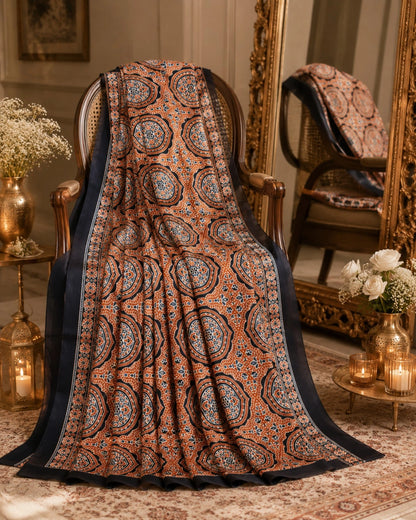 Rust Orange & Navy Blue Ajrakh Inspired Printed Silk Saree with Geometric Medallion Motifs
