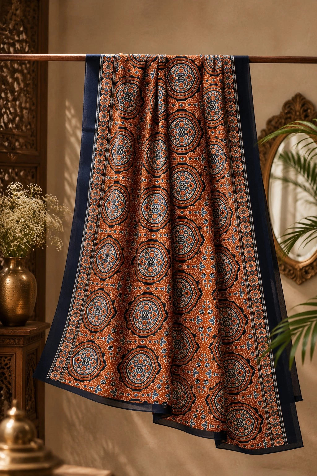 Rust Orange & Navy Blue Ajrakh Inspired Printed Silk Saree with Geometric Medallion Motifs