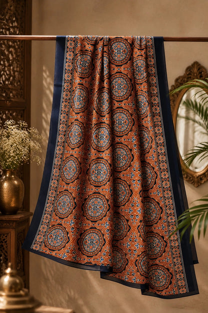 Rust Orange & Navy Blue Ajrakh Inspired Printed Silk Saree with Geometric Medallion Motifs