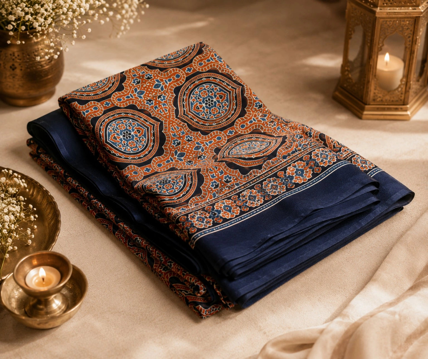Rust Orange & Navy Blue Ajrakh Inspired Printed Silk Saree with Geometric Medallion Motifs