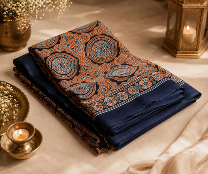 Rust Orange & Navy Blue Ajrakh Inspired Printed Silk Saree with Geometric Medallion Motifs