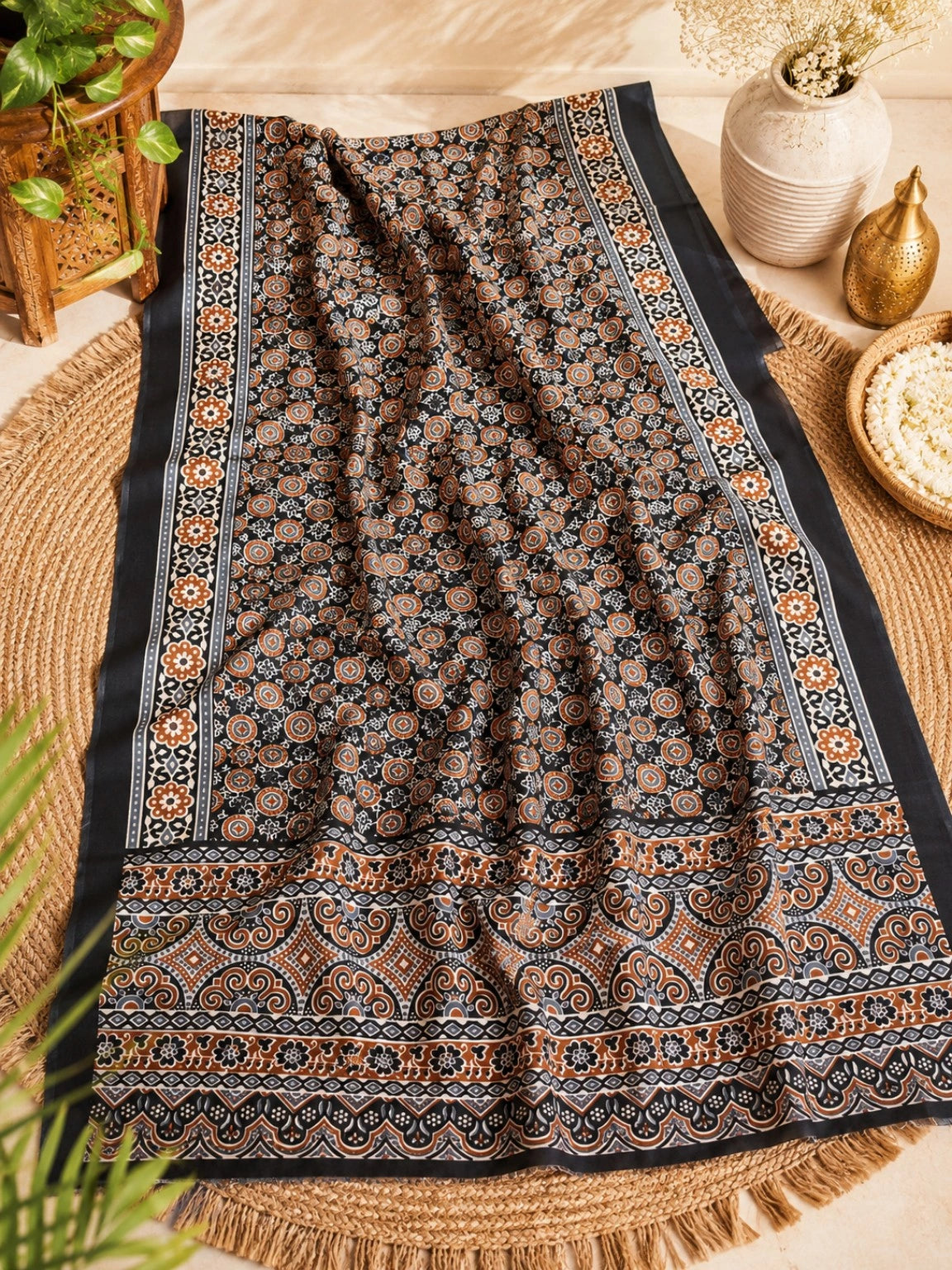Black Model Silk Saree with Ajrakh-Inspired Floral & Geometric Border Print