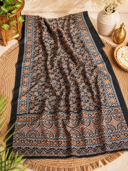 Black Model Silk Saree with Ajrakh-Inspired Floral & Geometric Border Print