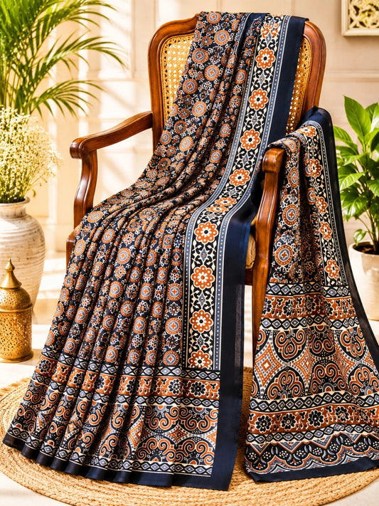 Black Model Silk Saree with Ajrakh-Inspired Floral & Geometric Border Print