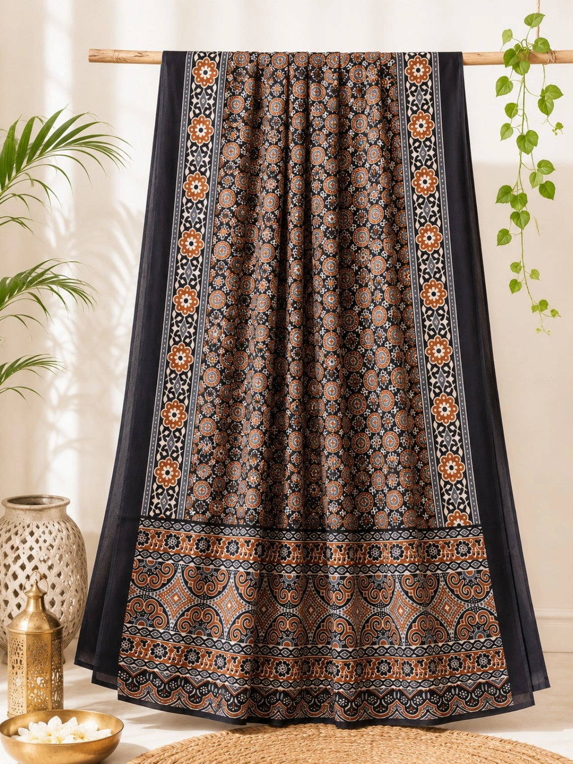 Black Model Silk Saree with Ajrakh-Inspired Floral & Geometric Border Print