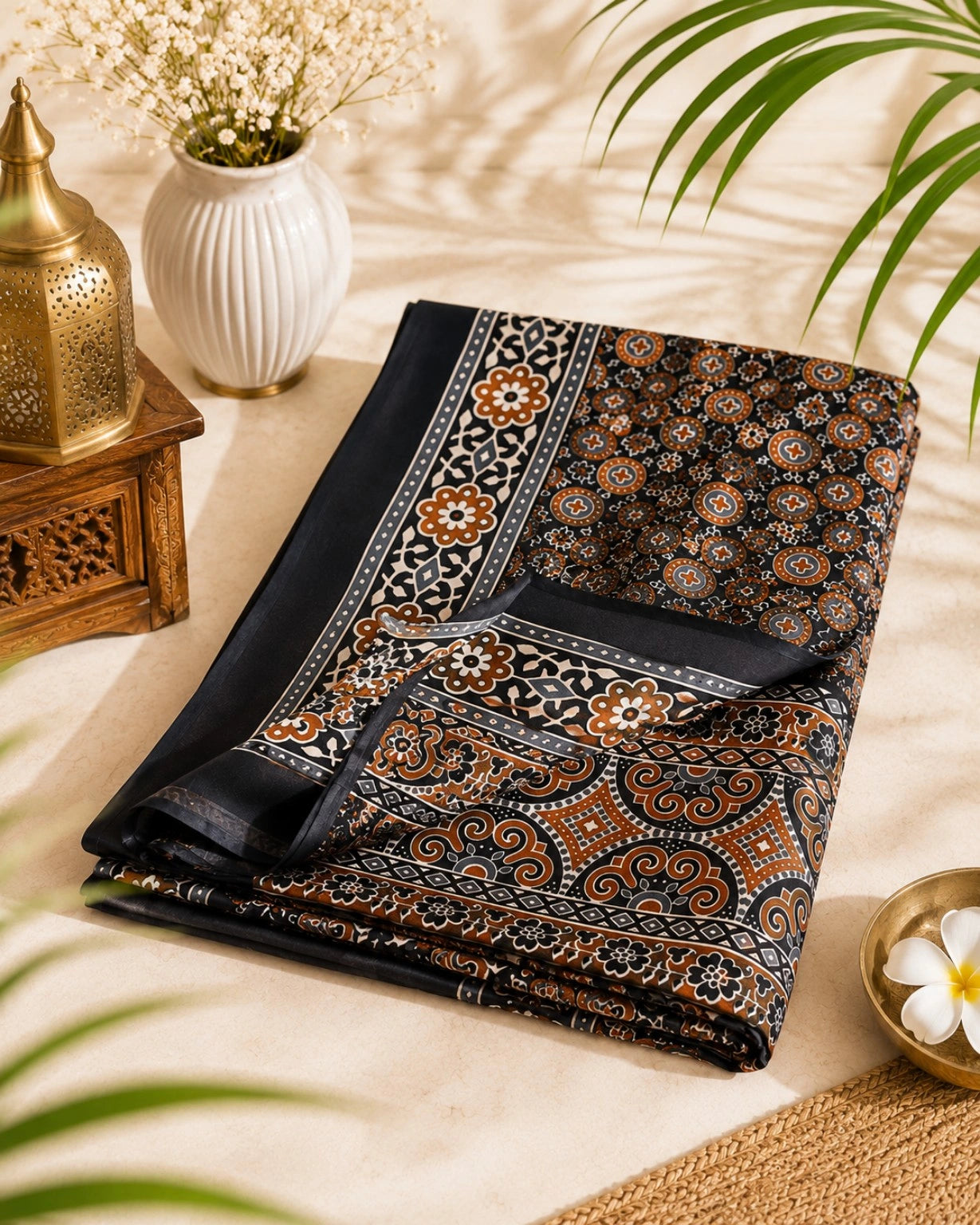 Black Model Silk Saree with Ajrakh-Inspired Floral & Geometric Border Print