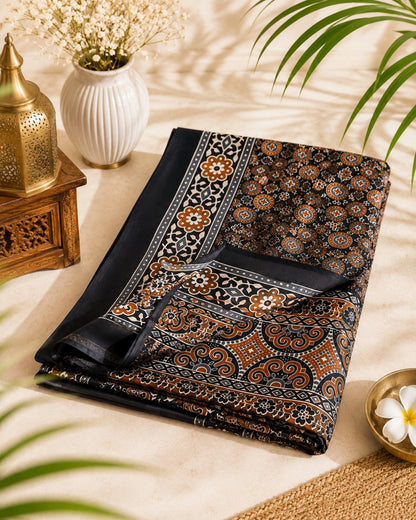 Black Model Silk Saree with Ajrakh-Inspired Floral & Geometric Border Print