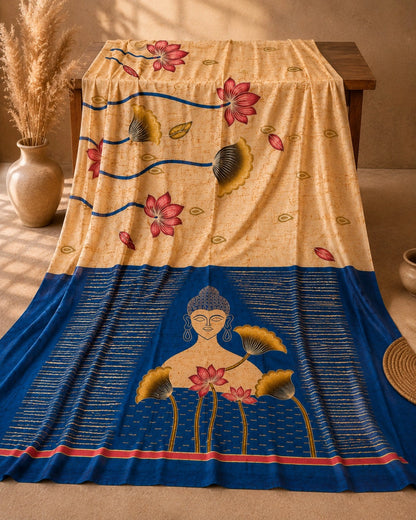 Ghicha Silk Saree in Beige with Lotus Floral Body Print and Blue Buddha Art Pallu