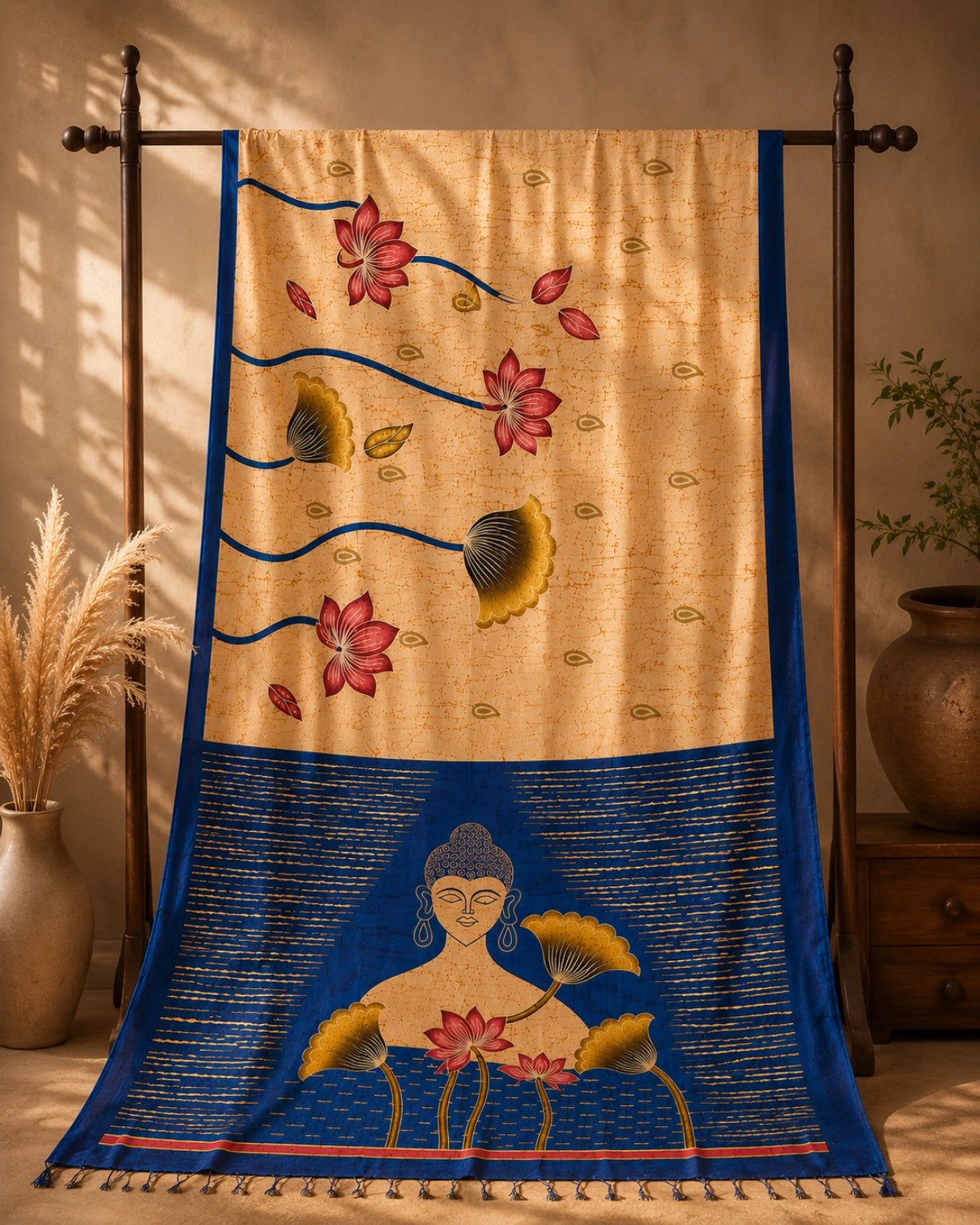 Ghicha Silk Saree in Beige with Lotus Floral Body Print and Blue Buddha Art Pallu