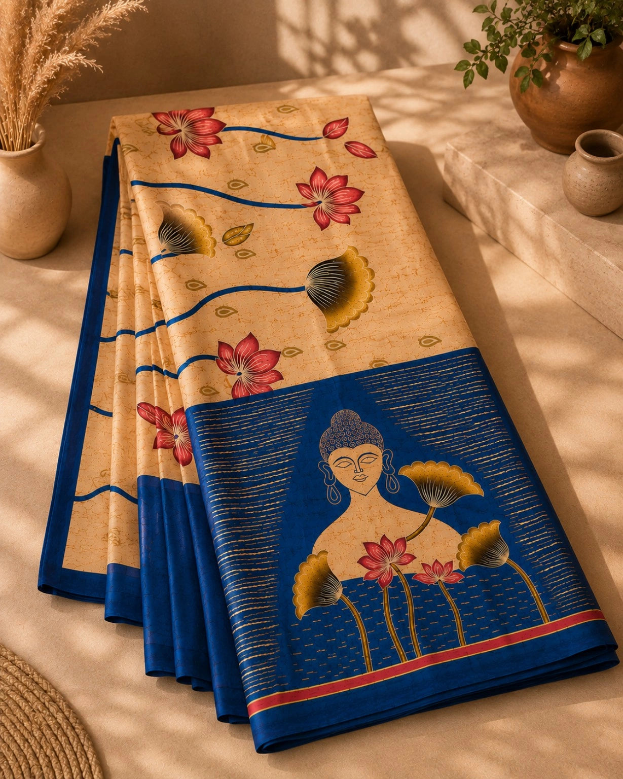 Ghicha Silk Saree in Beige with Lotus Floral Body Print and Blue Buddha Art Pallu