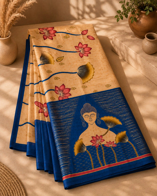 Ghicha Silk Saree in Beige with Lotus Floral Body Print and Blue Buddha Art Pallu