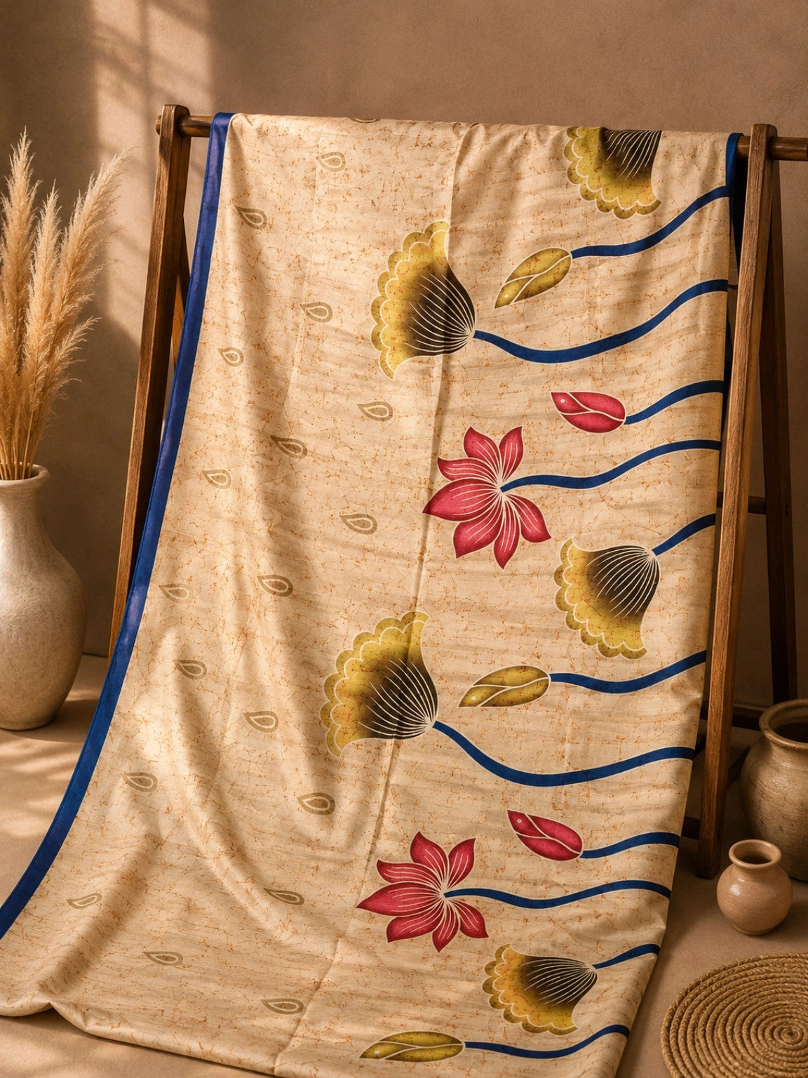 Ghicha Silk Saree in Beige with Lotus Floral Body Print and Blue Buddha Art Pallu