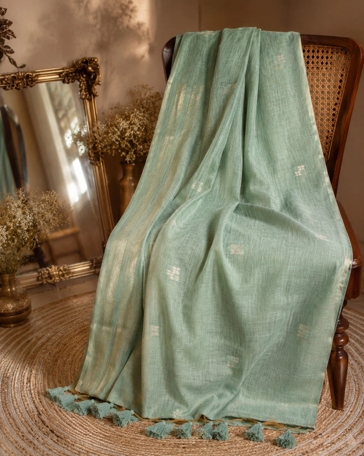 Fancy Silk Jamdani Saree in Sea Green with Delicate Buti Motifs, Golden Woven Border and Tassel Pallu