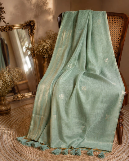 Fancy Silk Jamdani Saree in Sea Green with Delicate Buti Motifs, Golden Woven Border and Tassel Pallu