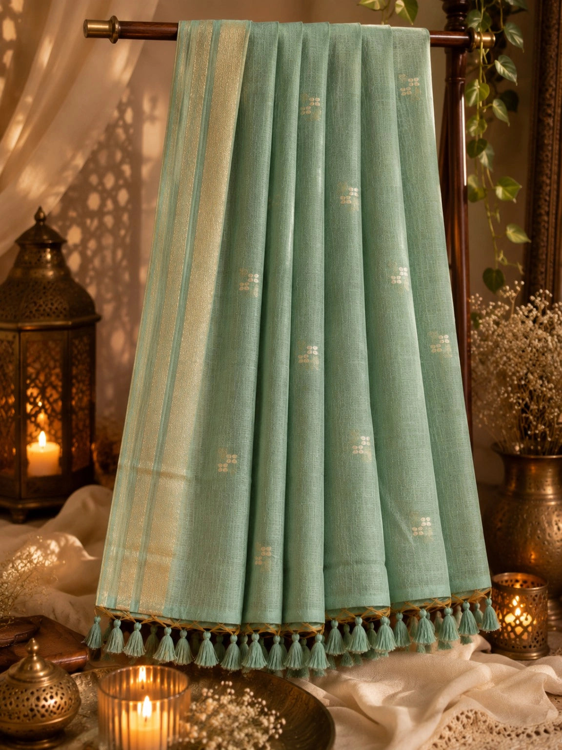 Fancy Silk Jamdani Saree in Sea Green with Delicate Buti Motifs, Golden Woven Border and Tassel Pallu