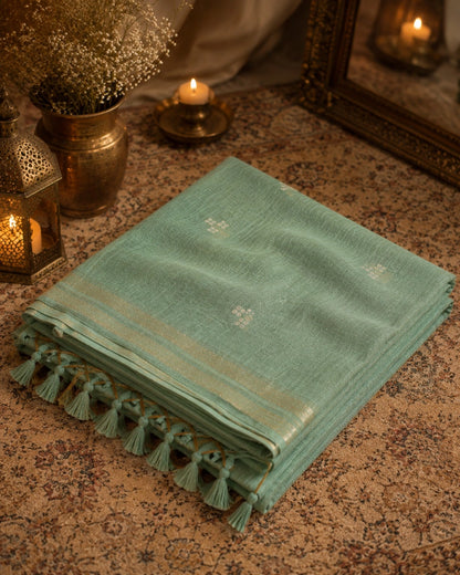 Fancy Silk Jamdani Saree in Sea Green with Delicate Buti Motifs, Golden Woven Border and Tassel Pallu