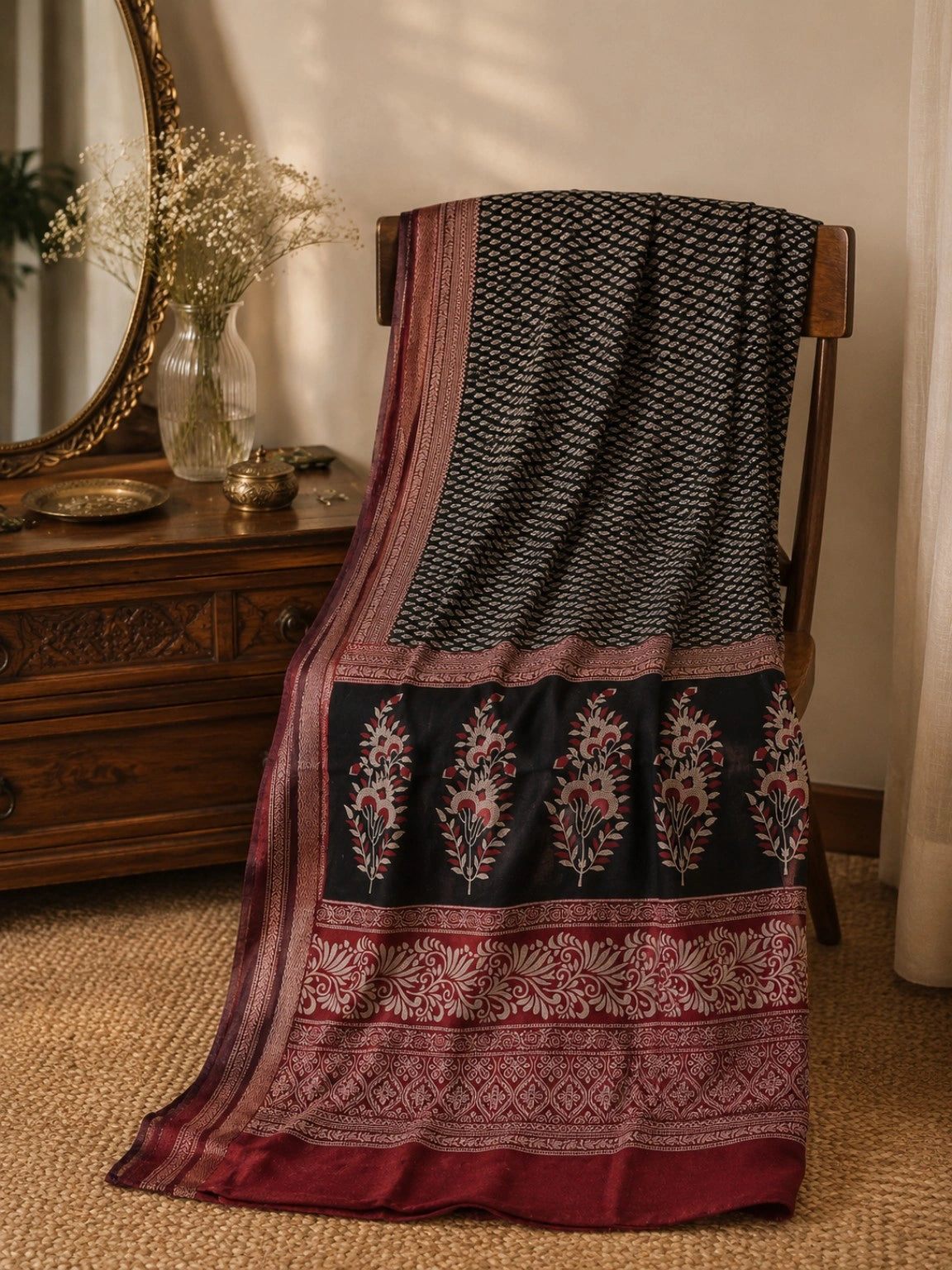 Black & Maroon Chanderi Cotton Saree with Floral Pallu Motifs and Traditional Woven Border