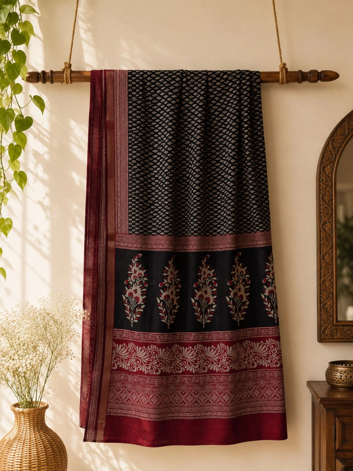 Black & Maroon Chanderi Cotton Saree with Floral Pallu Motifs and Traditional Woven Border