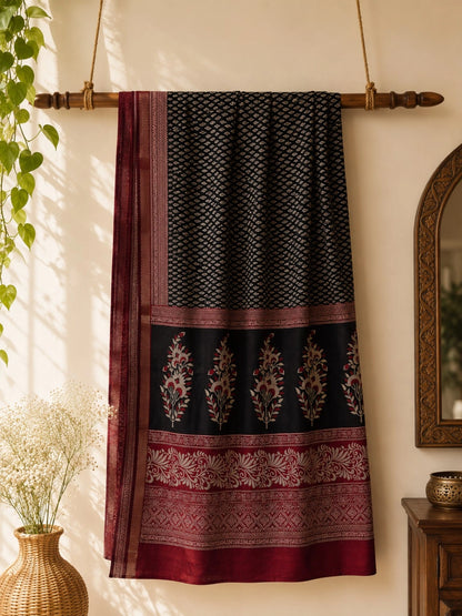 Black & Maroon Chanderi Cotton Saree with Floral Pallu Motifs and Traditional Woven Border
