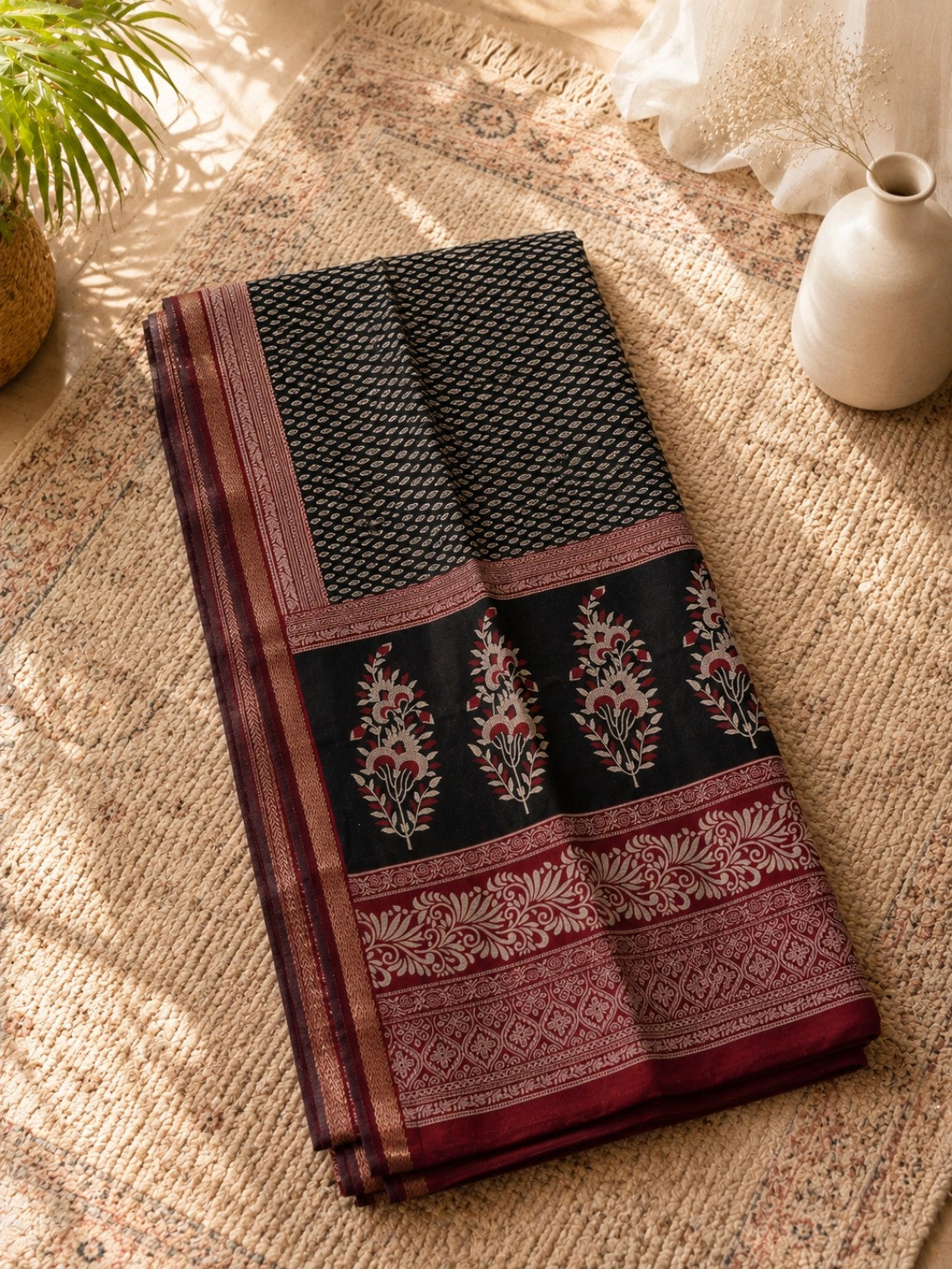Black & Maroon Chanderi Cotton Saree with Floral Pallu Motifs and Traditional Woven Border