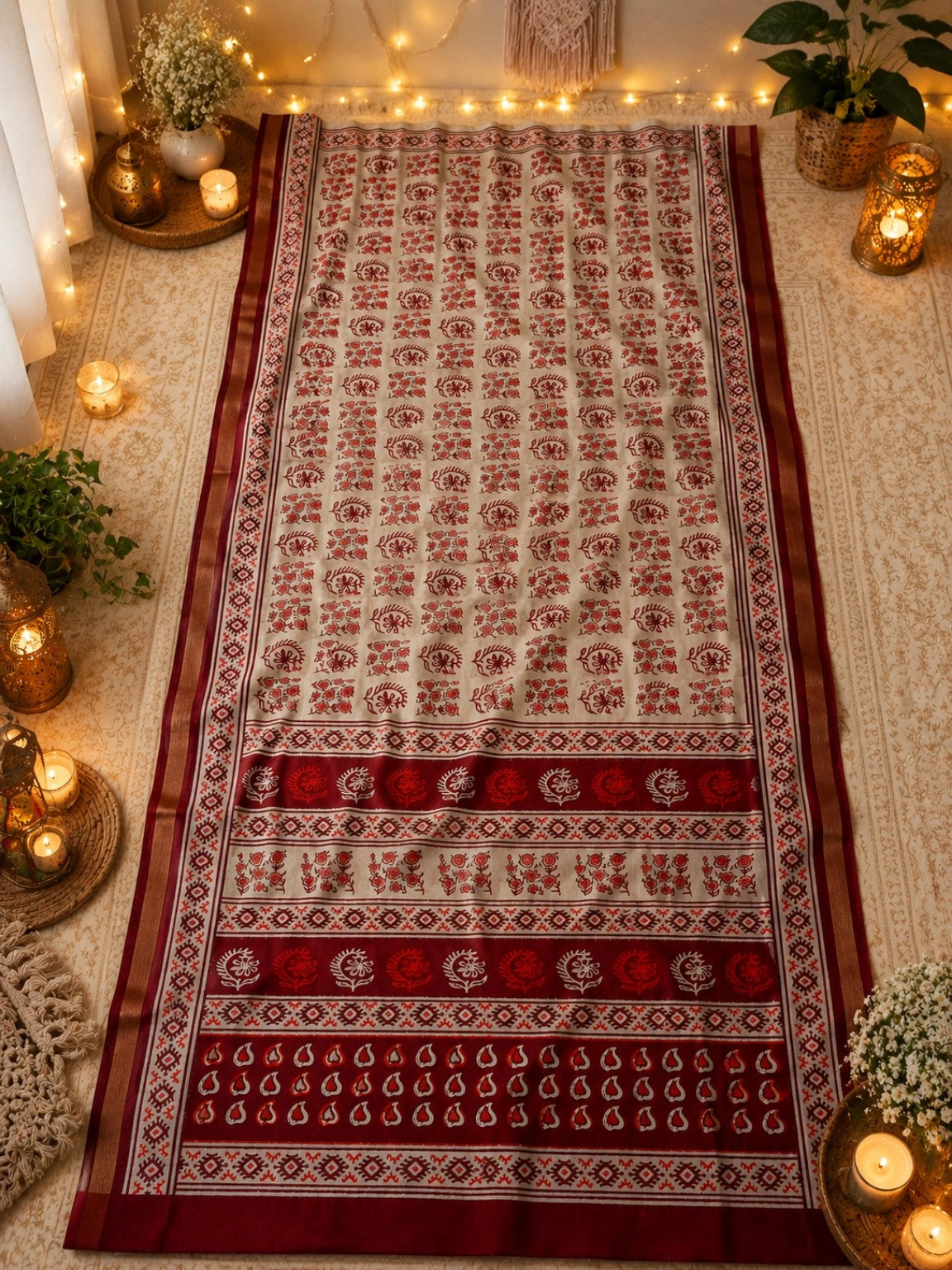 Maroon & Beige Chanderi Cotton Print Saree with Floral Folk Motifs and Ethnic Border Design