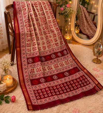 Maroon & Beige Chanderi Cotton Print Saree with Floral Folk Motifs and Ethnic Border Design