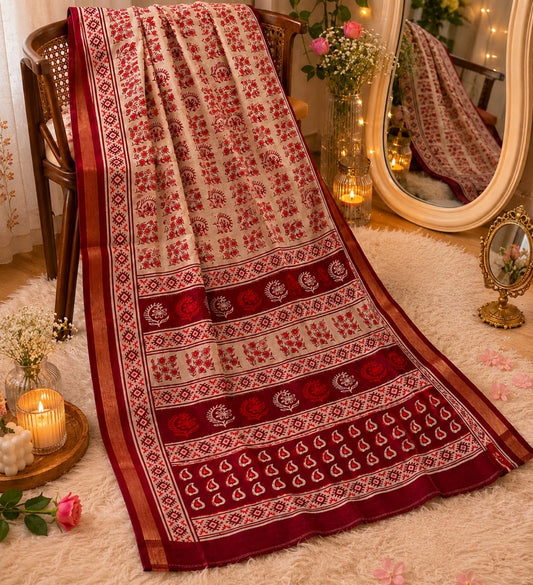 Maroon & Beige Chanderi Cotton Print Saree with Floral Folk Motifs and Ethnic Border Design
