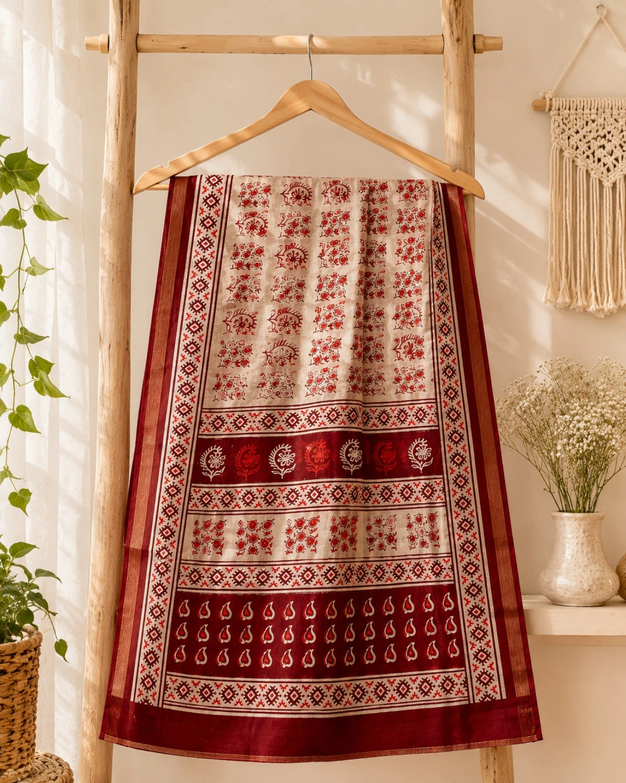 Maroon & Beige Chanderi Cotton Print Saree with Floral Folk Motifs and Ethnic Border Design