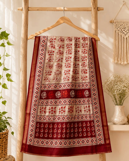 Maroon & Beige Chanderi Cotton Print Saree with Floral Folk Motifs and Ethnic Border Design