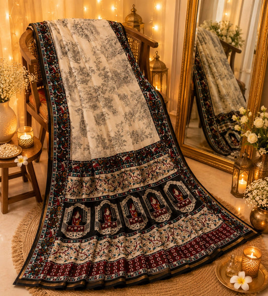 Chanderi Cotton Printed Saree in Ivory Beige with Heritage Temple Artwork and Multicolor Ornamental Border