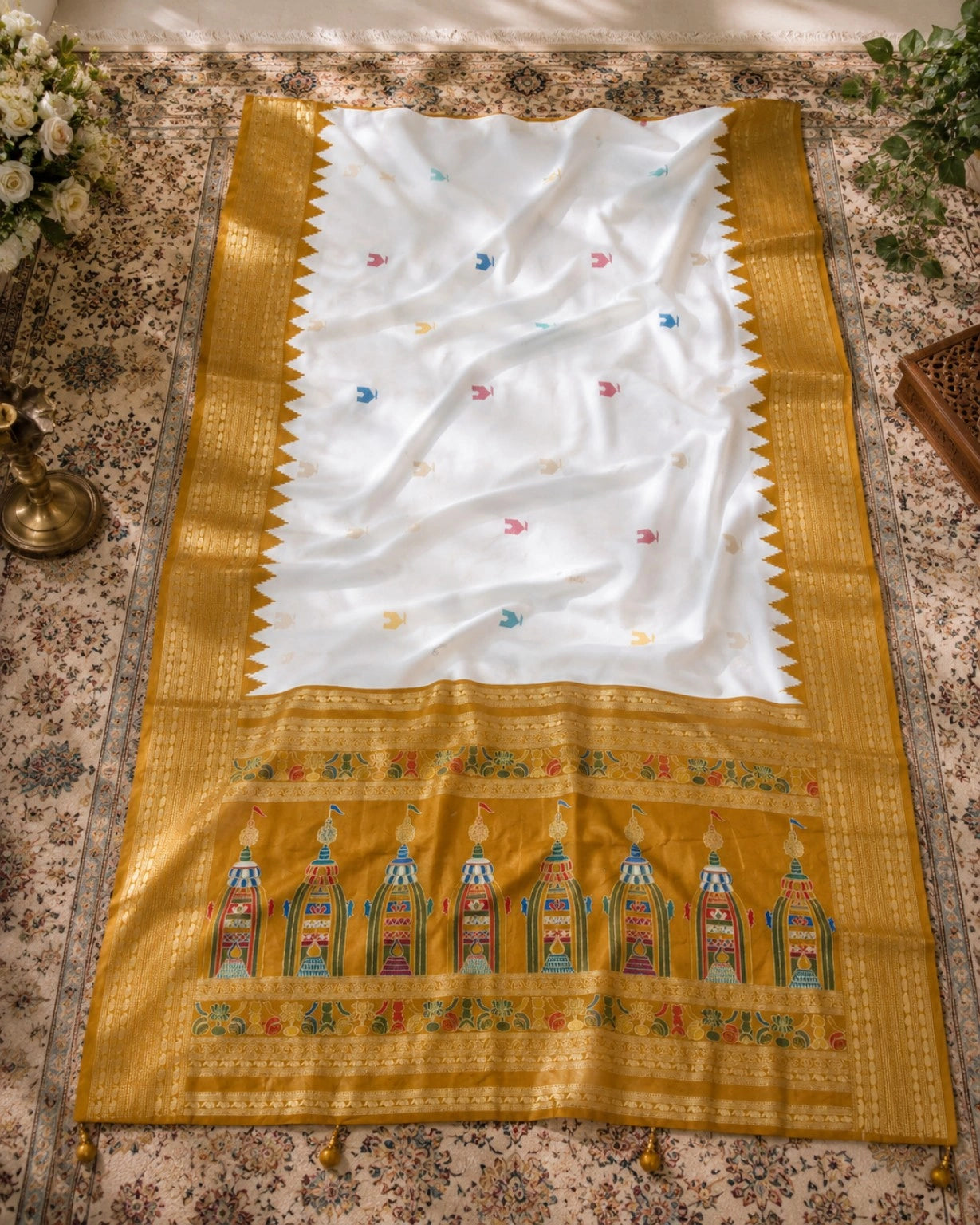 Soft Kashmiri Silk White Temple Border Saree with Golden Border & Traditional Temple Motif Pallu