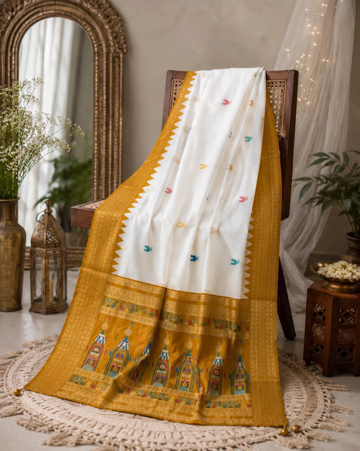 Soft Kashmiri Silk White Temple Border Saree with Golden Border & Traditional Temple Motif Pallu