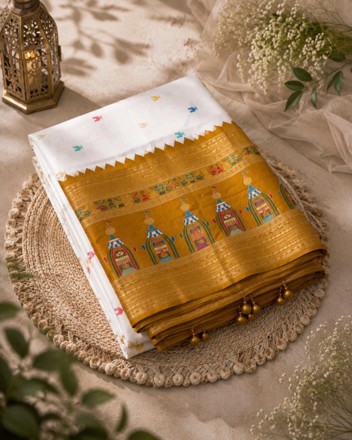 Soft Kashmiri Silk White Temple Border Saree with Golden Border & Traditional Temple Motif Pallu