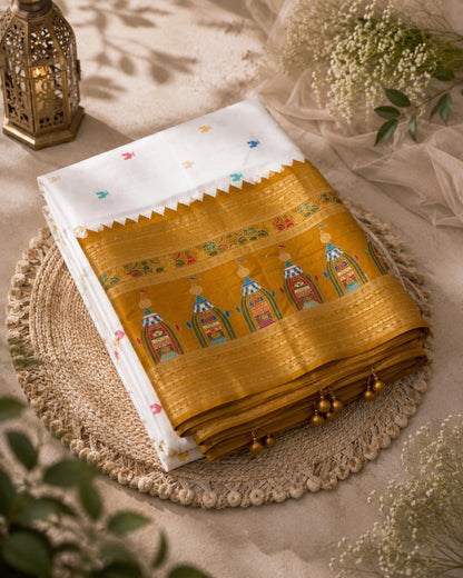 Soft Kashmiri Silk White Temple Border Saree with Golden Border & Traditional Temple Motif Pallu