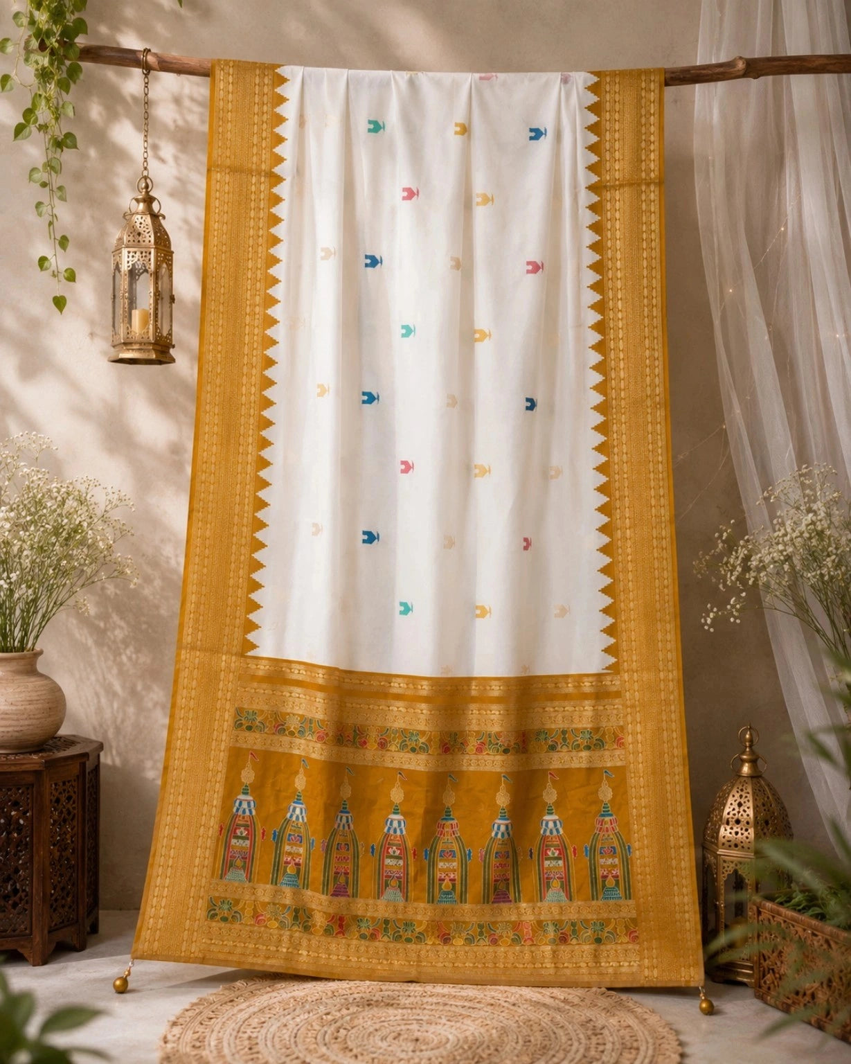 Soft Kashmiri Silk White Temple Border Saree with Golden Border & Traditional Temple Motif Pallu